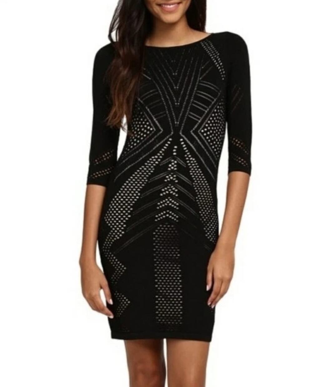 Calvin Klein Black Open Knit Cut Out Bodycon Dress Size M 3/4 Sleeve Cocktail